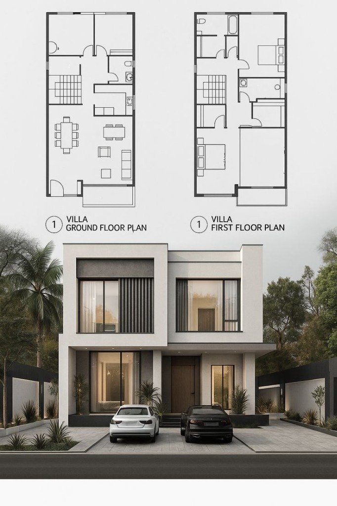 Modern G+1 duplex villa elevation with ground and first floor plan