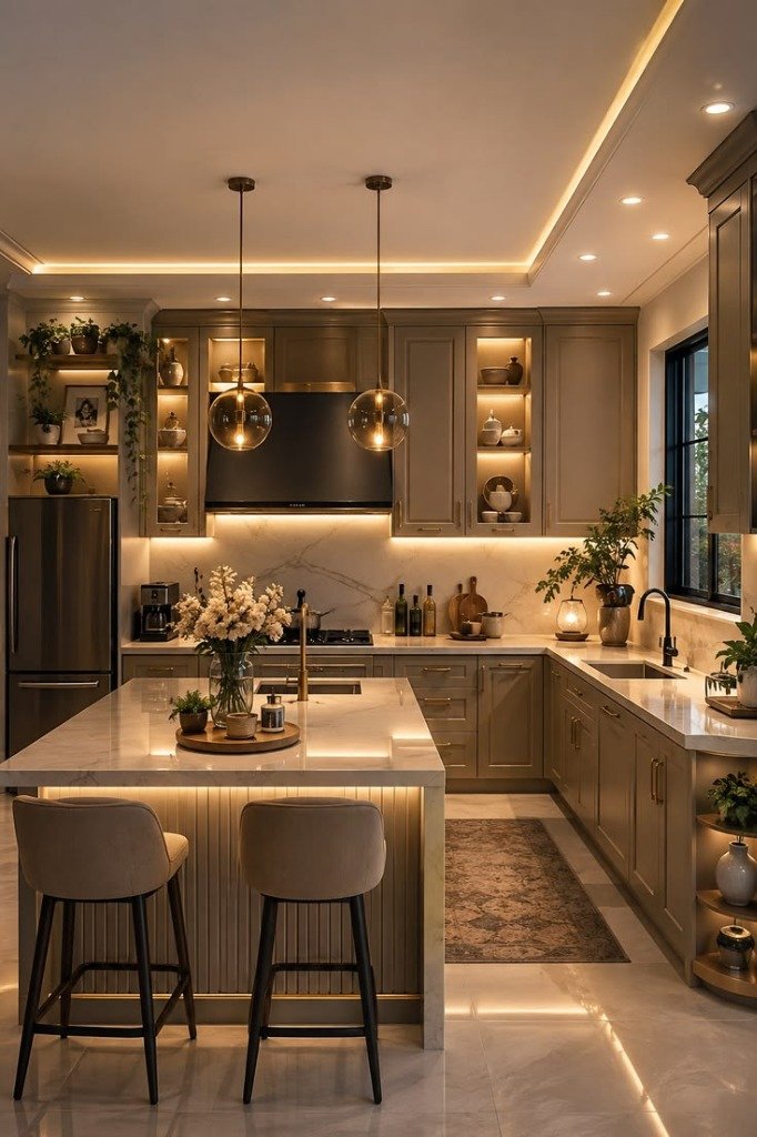 Luxury island kitchen with fluted breakfast bar and pendant lights