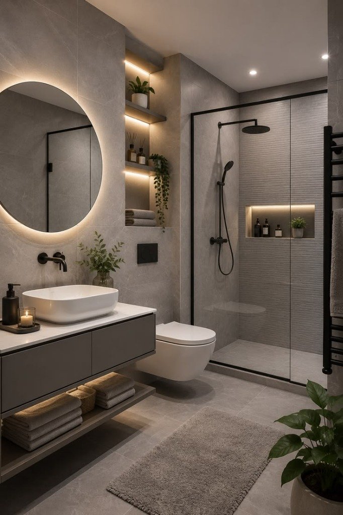 Modern stone luxury bathroom with circular backlit mirror and LED niches